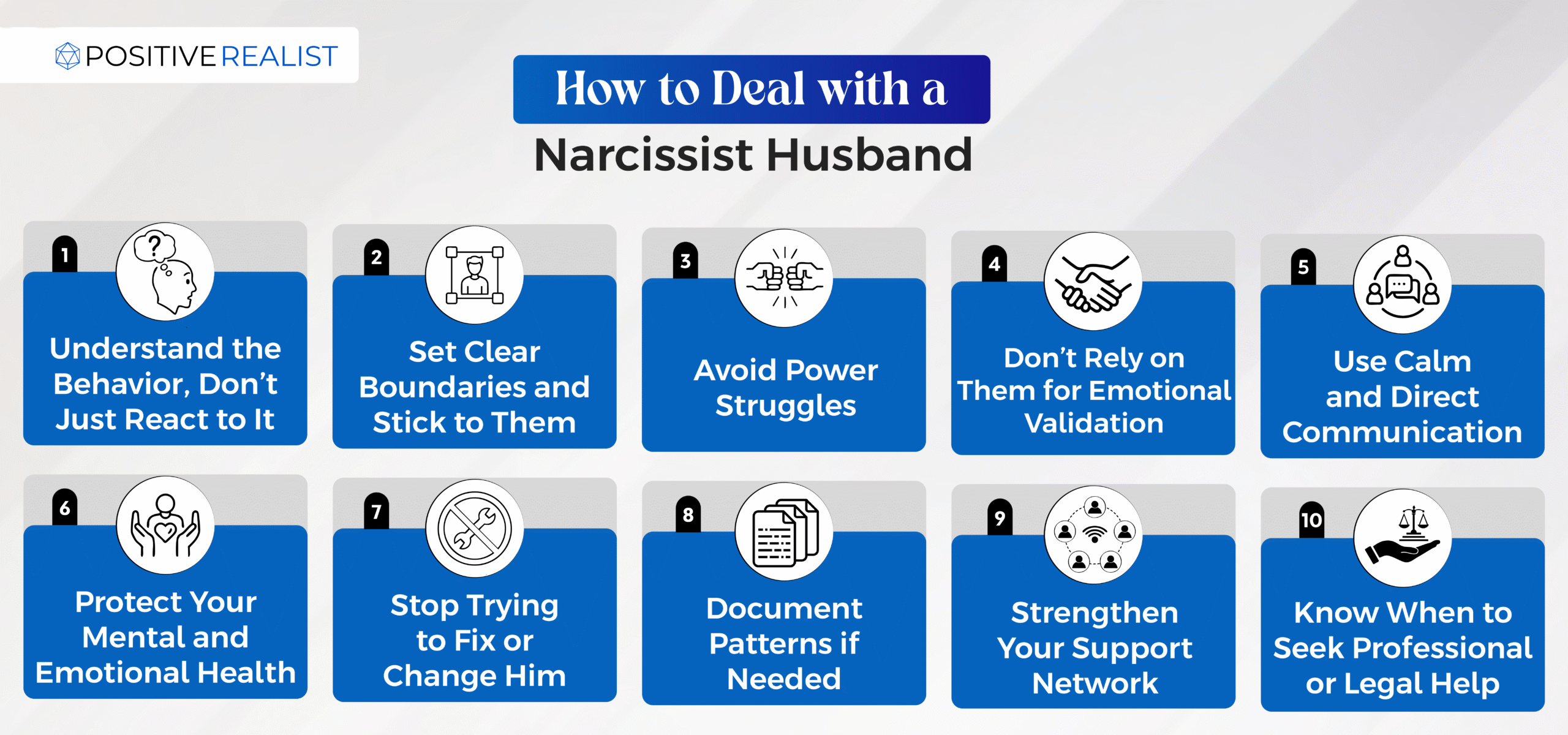 Infographic listing ten ways to deal with a narcissist husband, including setting boundaries, avoiding power struggles, and protecting mental health.