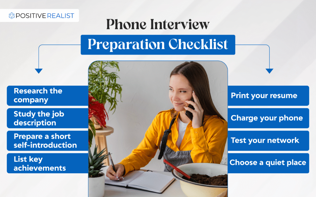 Phone interview preparation checklist with key steps to get ready for your call.